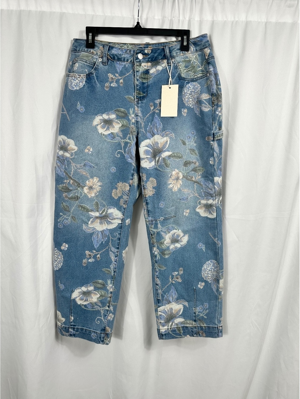 Flamingals Women's Floral Print Denim Carpenter Pants Size Large
